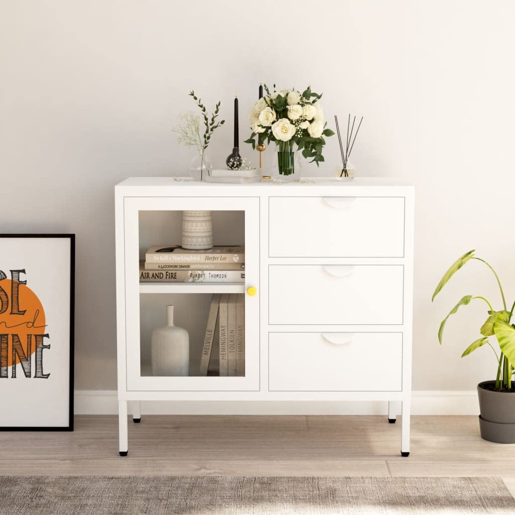 vidaXL Steel and Tempered Glass Sideboard in Classic White with Adjustable Shelf and Drawers - Ideal for Lounge, Office, Bedroom Storage